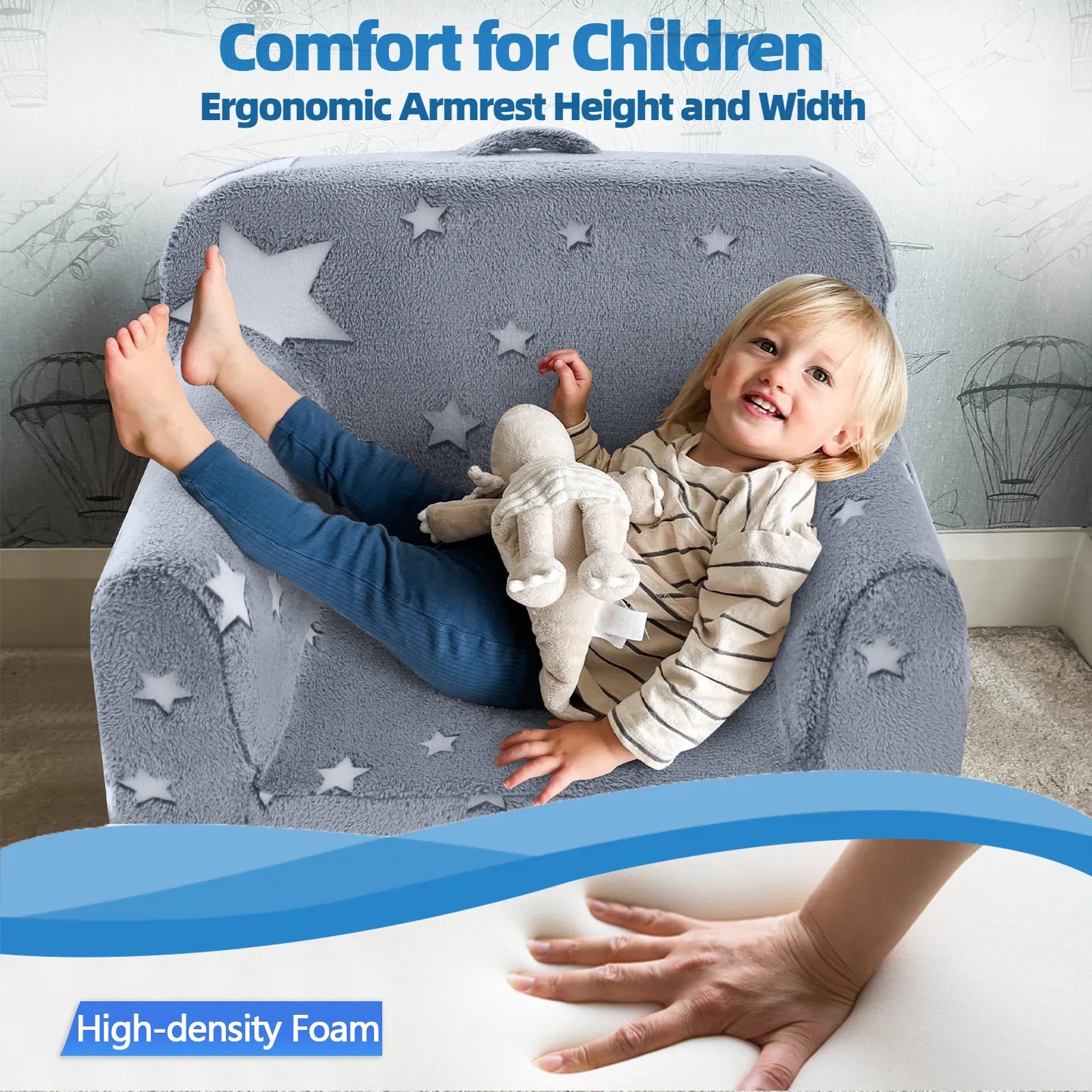 Girl sitting on Glowsofa's Glowing Star kids armchair