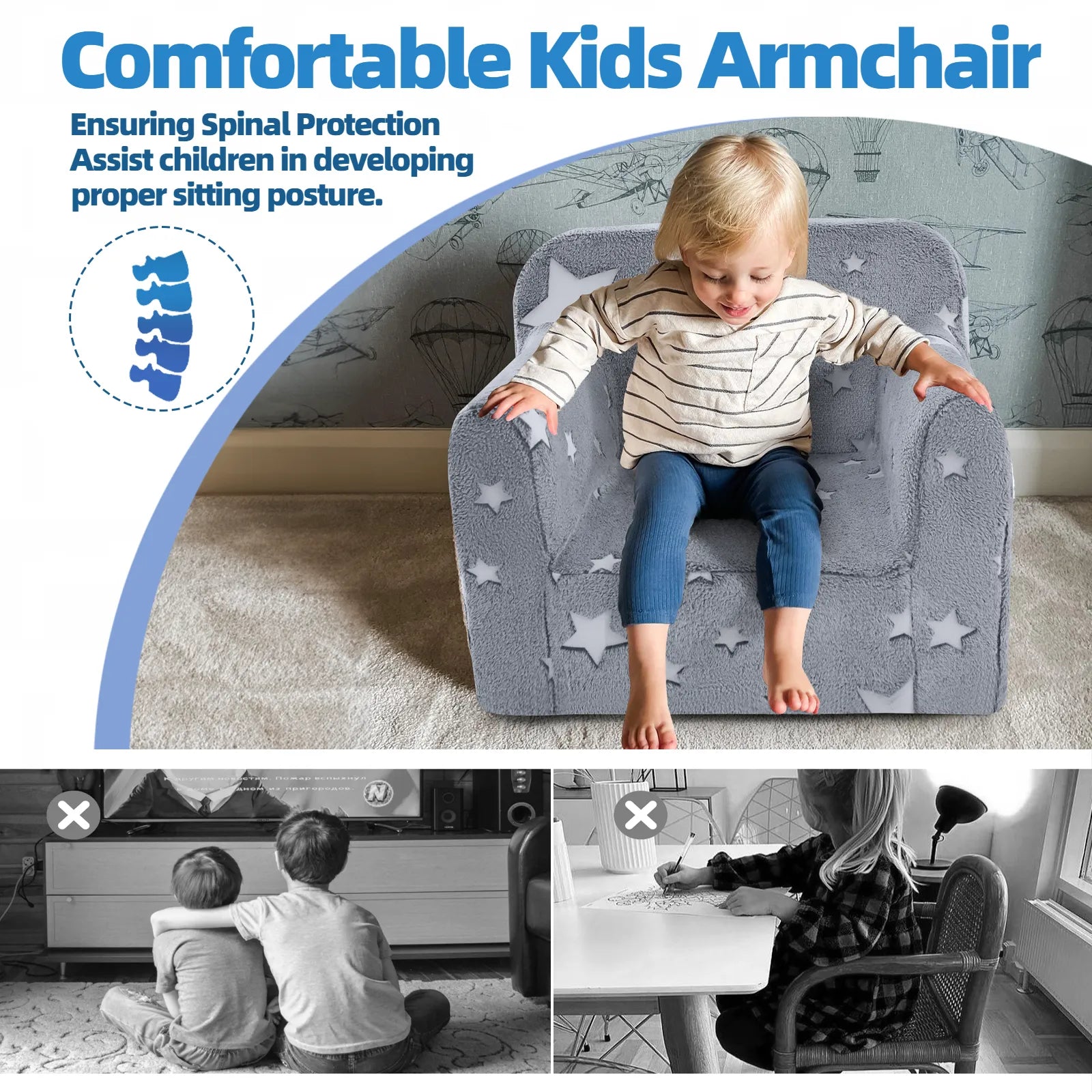 The girl sits on Glowsofa's Glowing Star kids armchair, which is filled with soft and supportive foam.