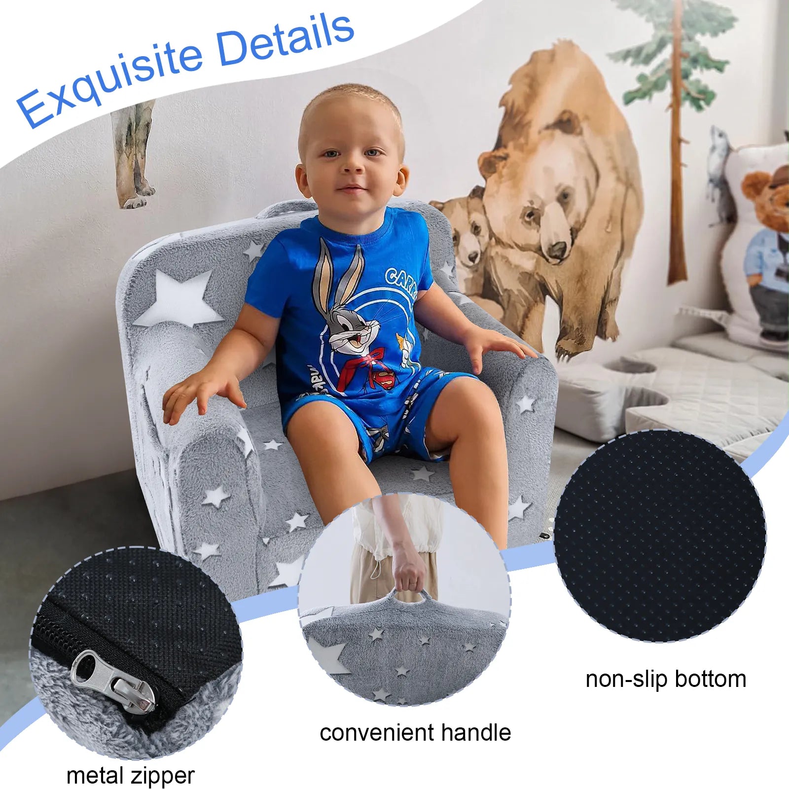 Boy sits on Glowsofa's Glowing Star kids armchair with metal zipper, convenient handle and no-slip bottom.