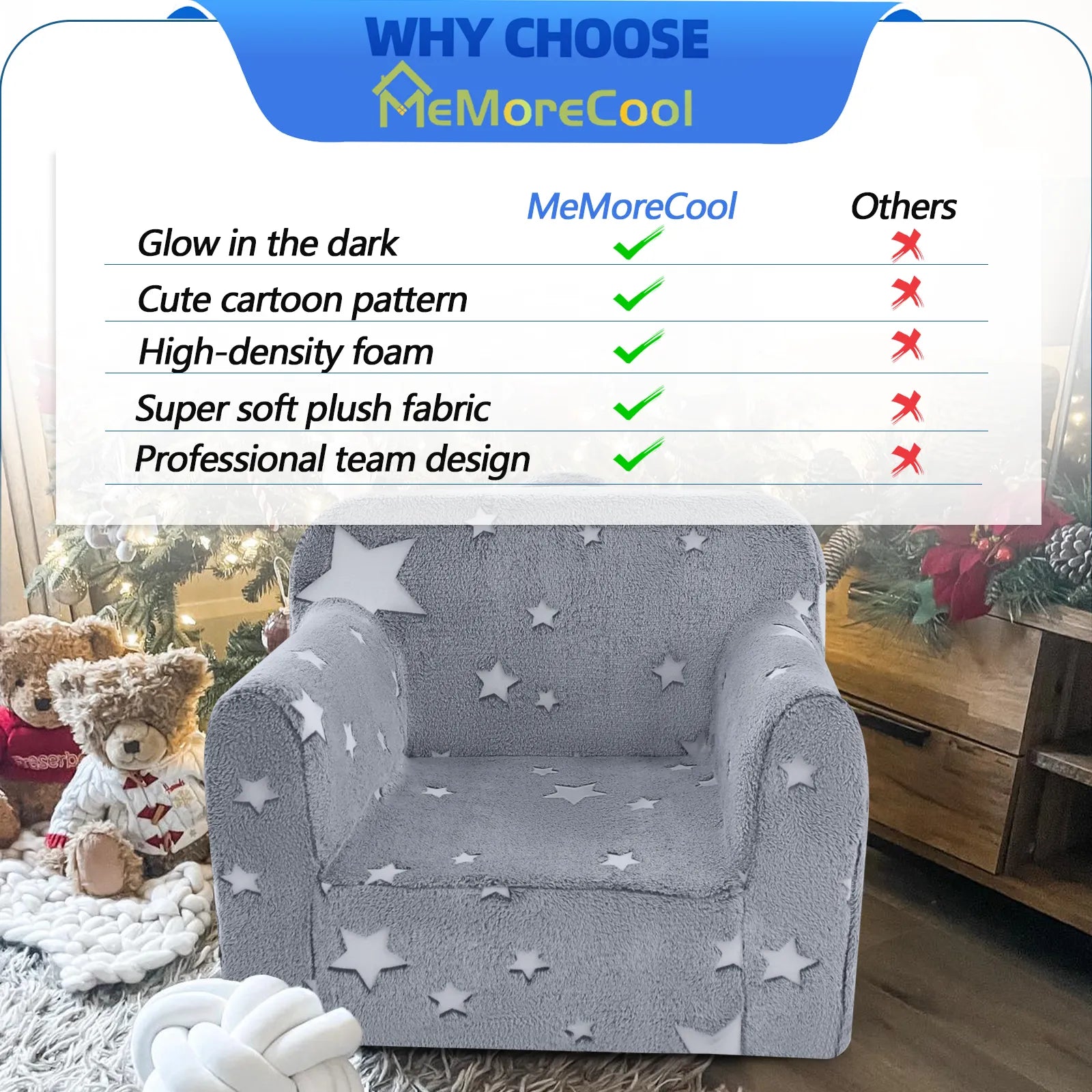 Glowsofa's Glowing Star kids armchair features glow in the dark, cute cartoon pattern, high-density foam, super soft plush fabric, professional team design