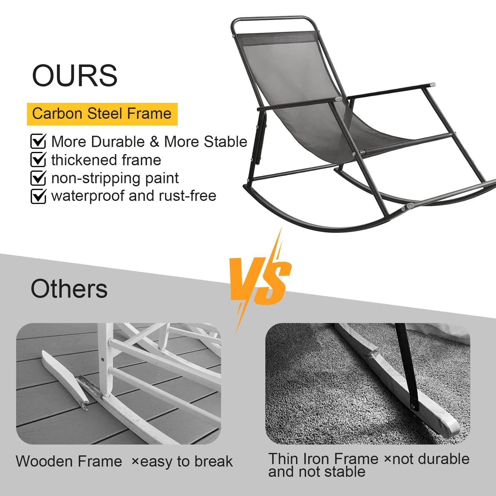 COMAX Rocking Chair carbon steel frames are more durable and stable, with thickened, non-flaking paint for waterproof, rust-proof performance
