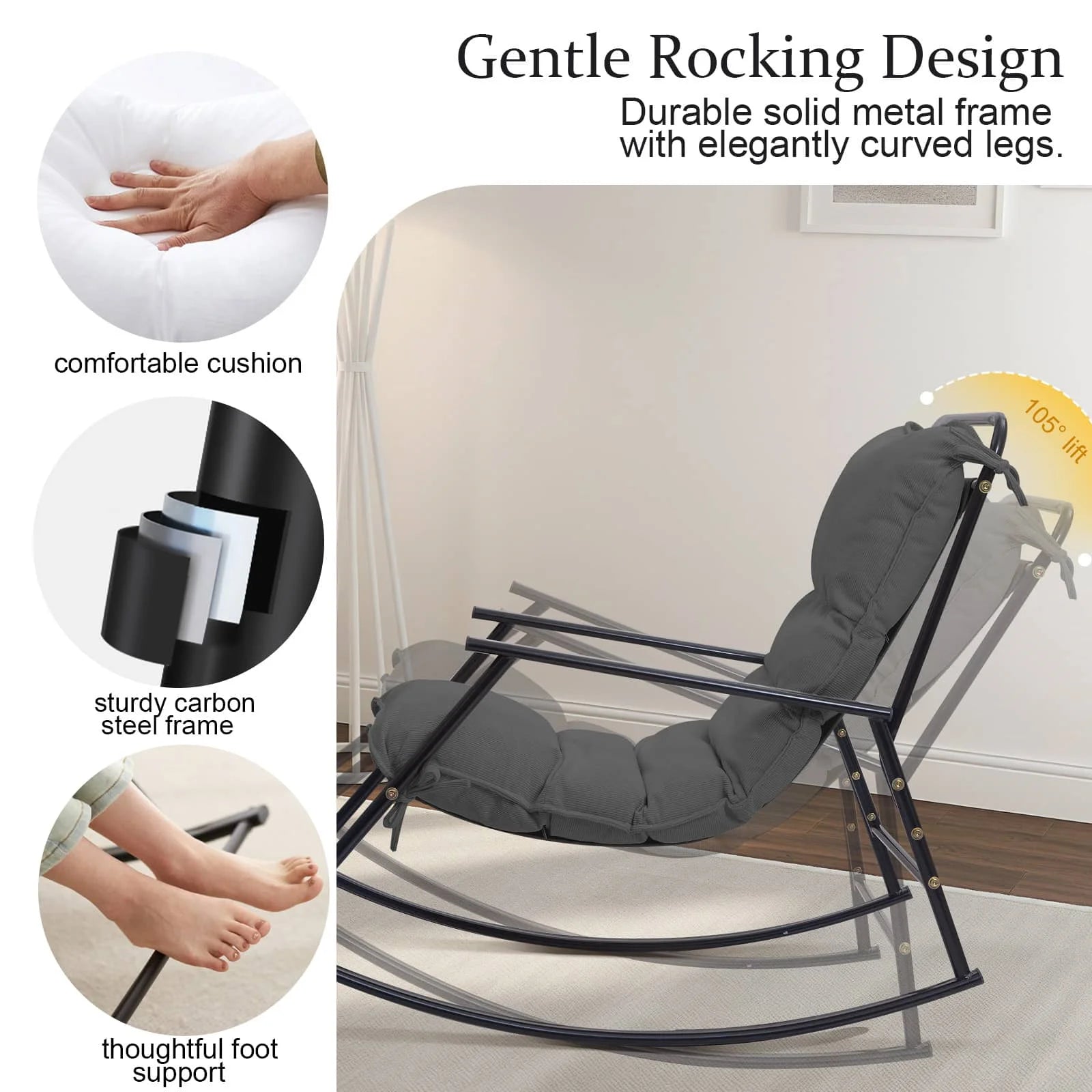 COMAX Rocking Chair boasts a robust solid metal frame w/curved legs, a cozy cushion, a durable carbon steel structure, and considerate foot support.