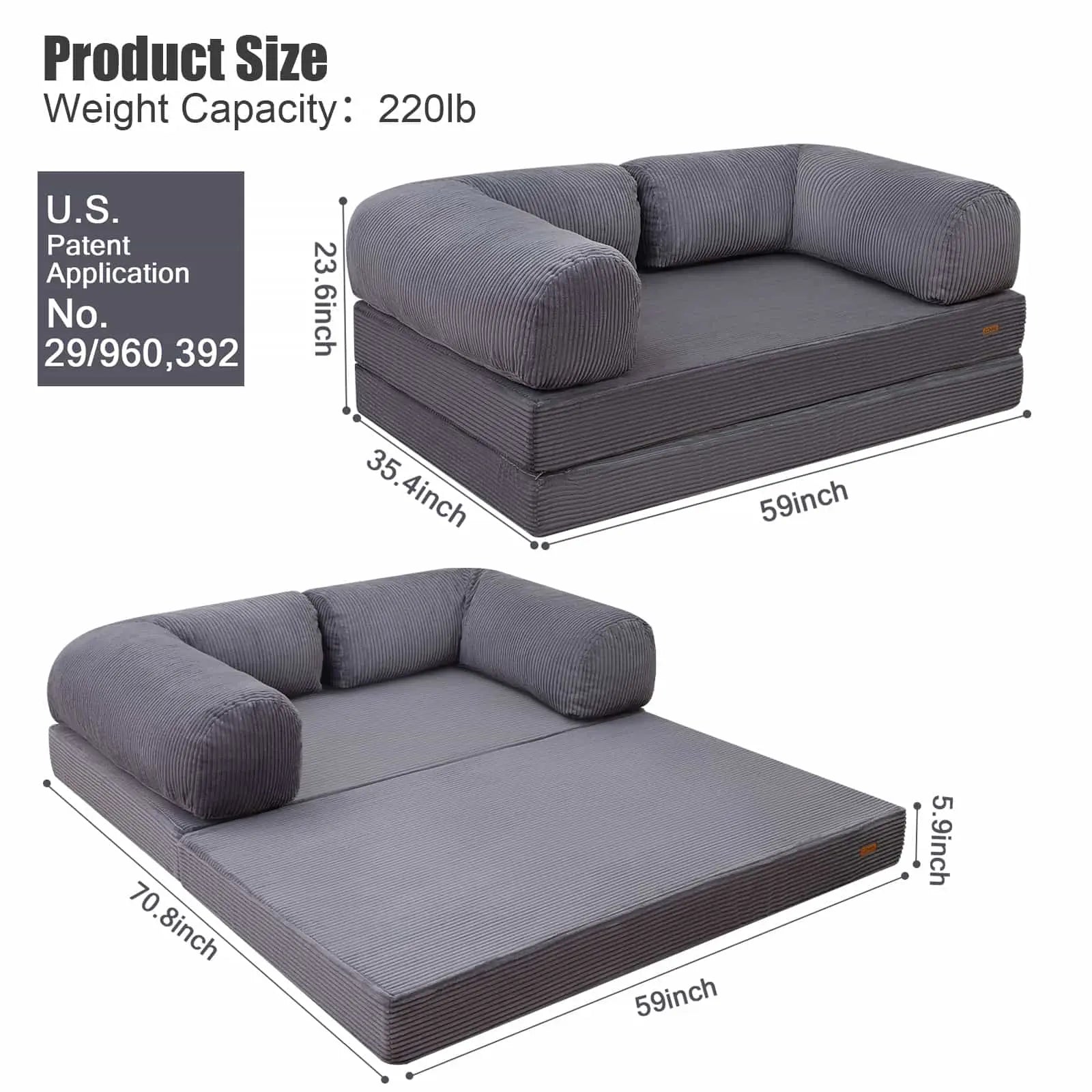 COMAX Floor Couch Bed size:70.87"D x 59.06"W x 6"H