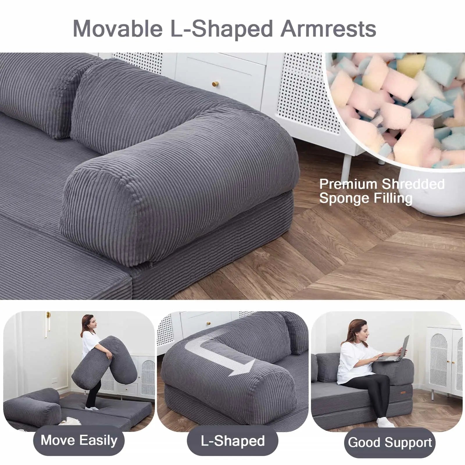 COMAX Folding Sofa Bed with Armrests Removable L-Shaped Armrests Filled with soft and cozy shredded foam