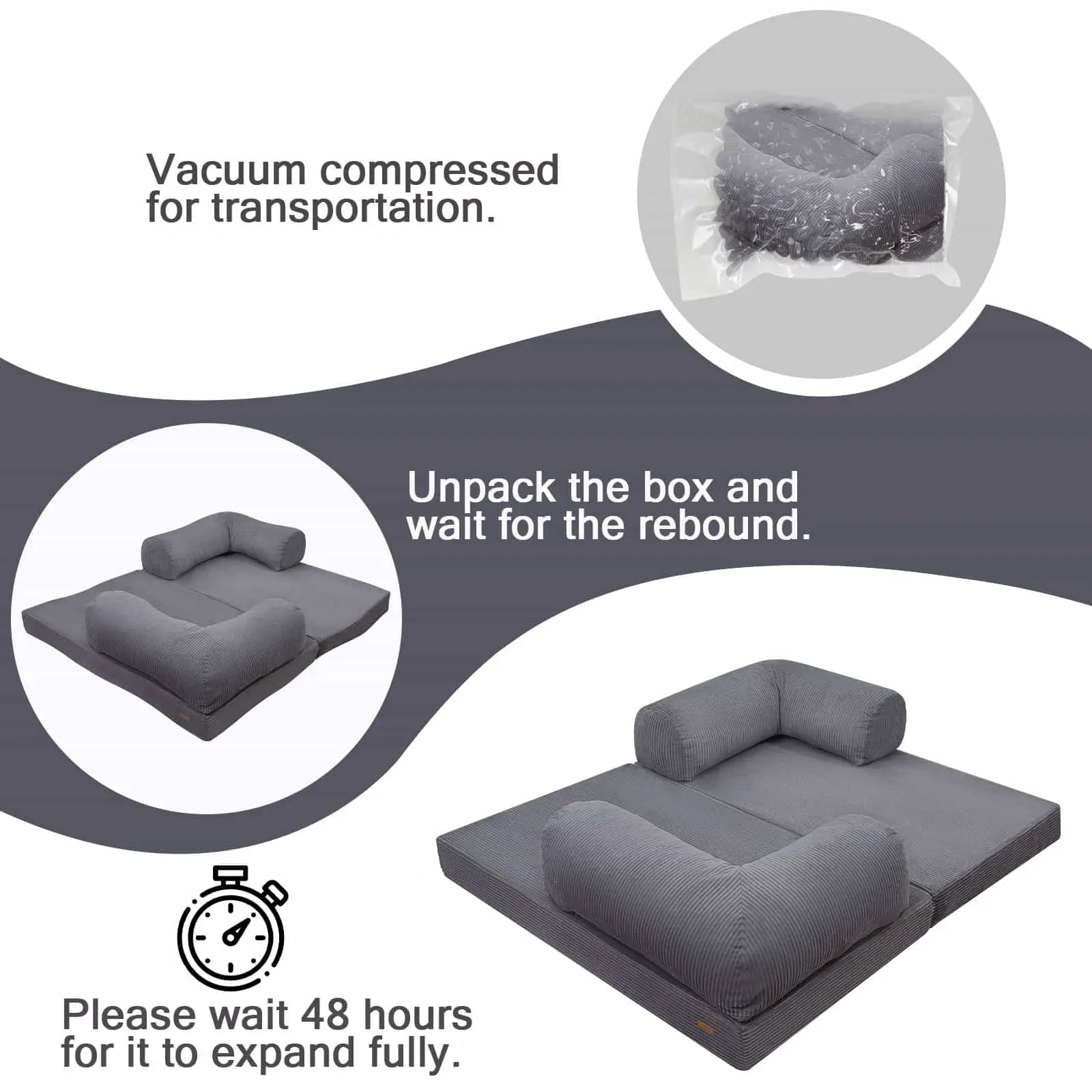 COMAX Folding Sofa Bed with Armrests requires no assembly and is ready to use after 48 to 72 hours of unpacking.