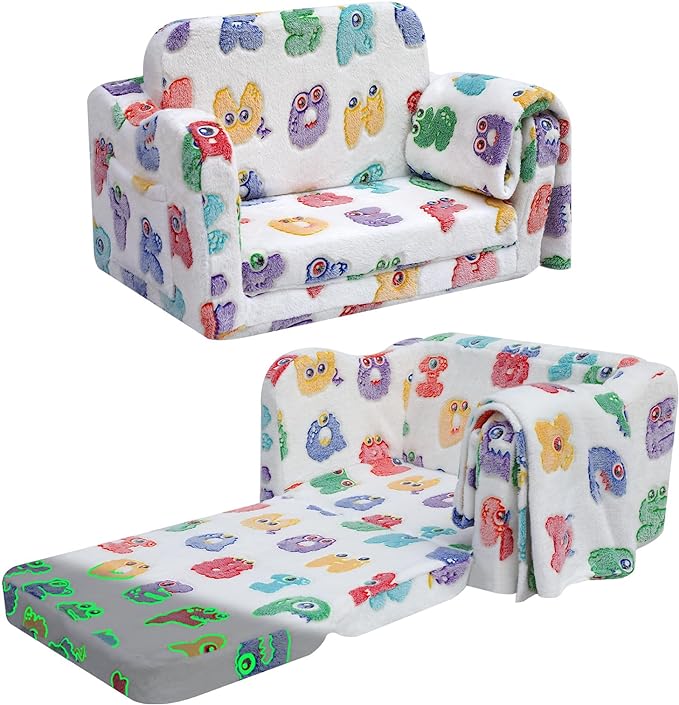 Glowsofa's Glowing Alphabet Children's Fold Out Sofa with Blanket Folded and Unfolded Status