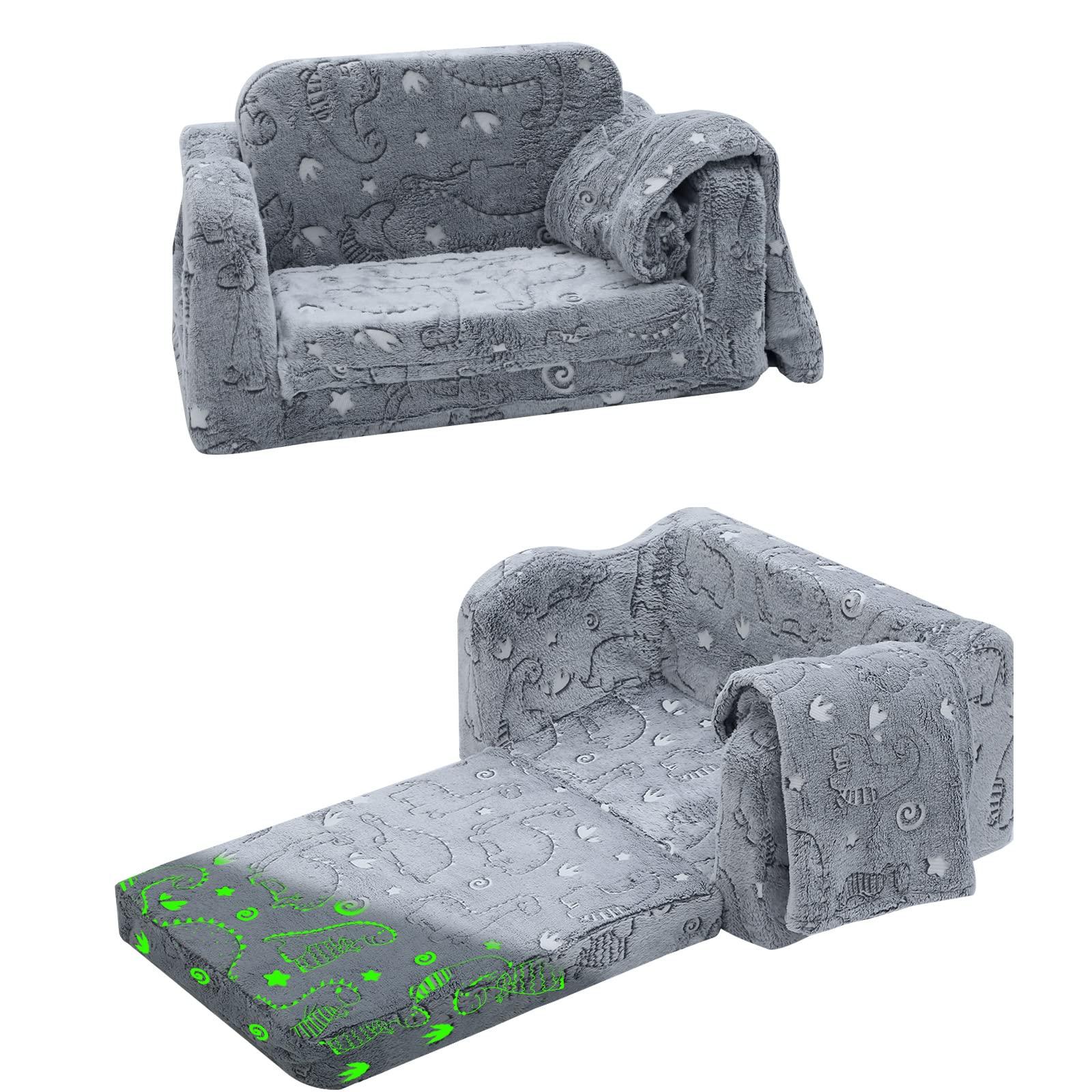 Glowsofa's Dino Single Children's Fold Out Sofa with Blanket Folded and Unfolded Status