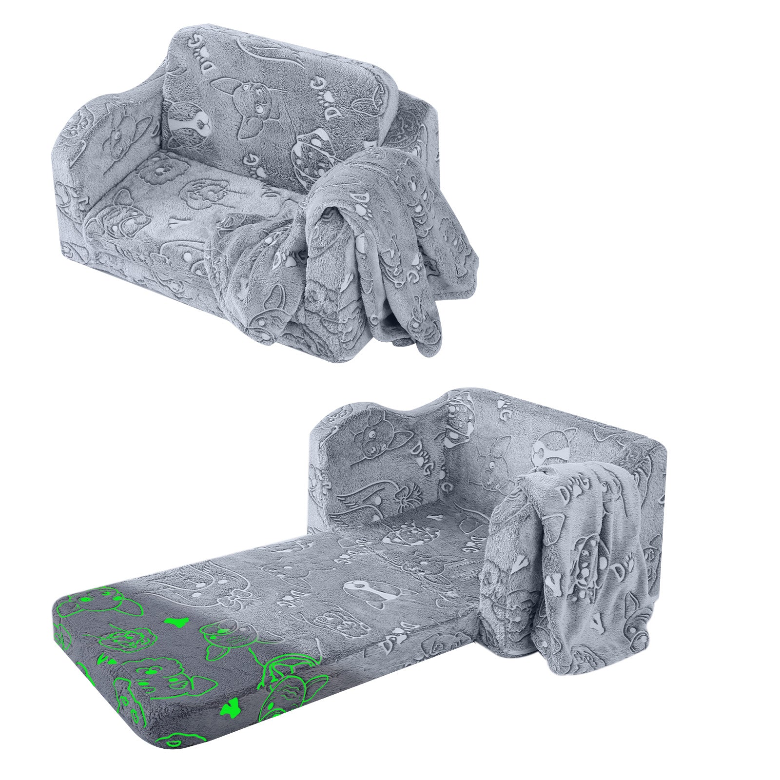 Glowsofa's Glowing Dogs Children's Fold Out Sofa with Blanket Folded and Unfolded Status