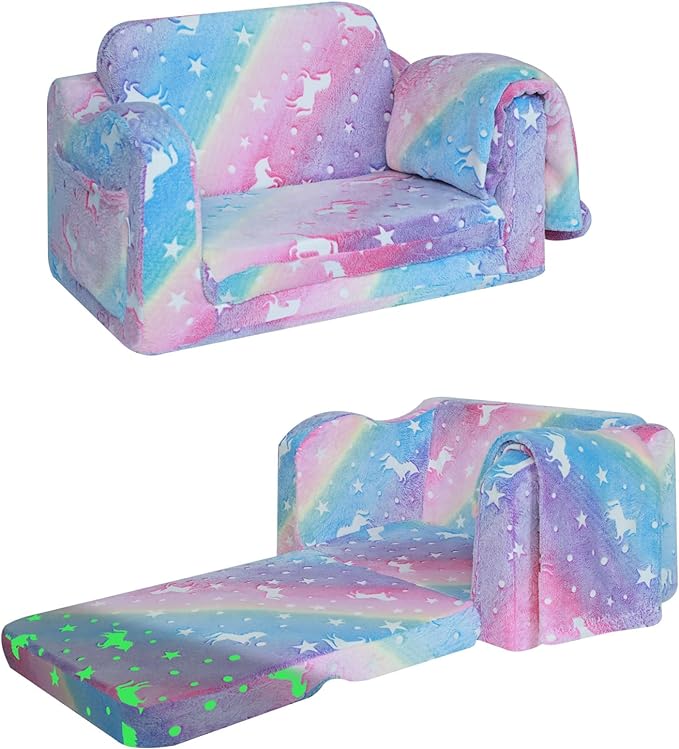 Glowsofa's Glowing Rainbow Children's Fold Out Sofa with Blanket Folded and Unfolded Status