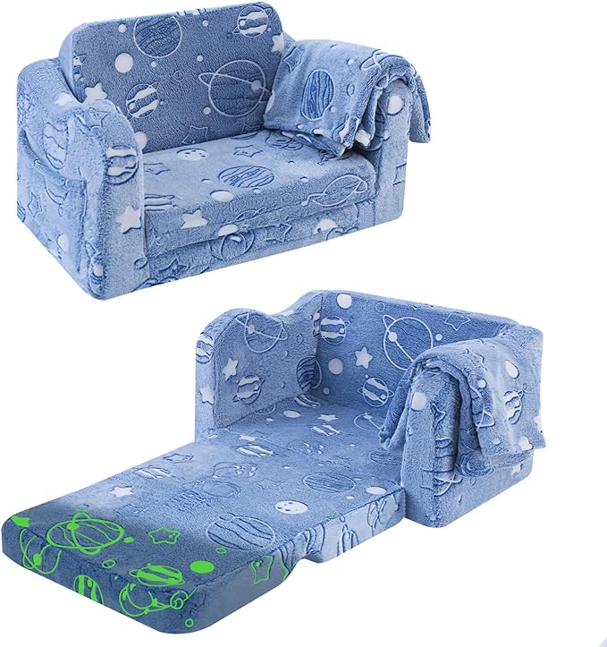 Glowsofa's Glowing Space Children's Fold Out Sofa with Blanket Folded and Unfolded Status