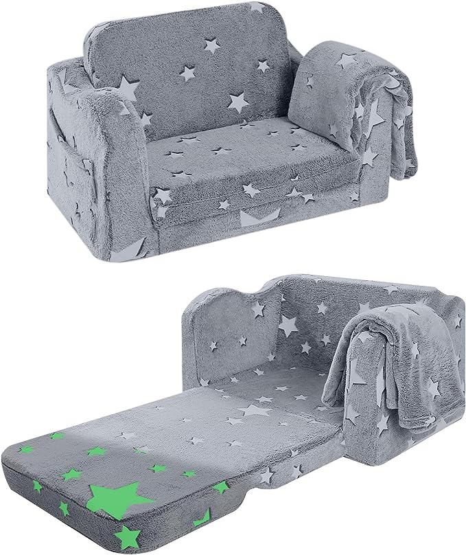 Glowsofa's Glowing Star Children's Fold Out Sofa with Blanket Folded and Unfolded Status