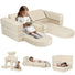 Girl reading on solid beige fabric kids play couch