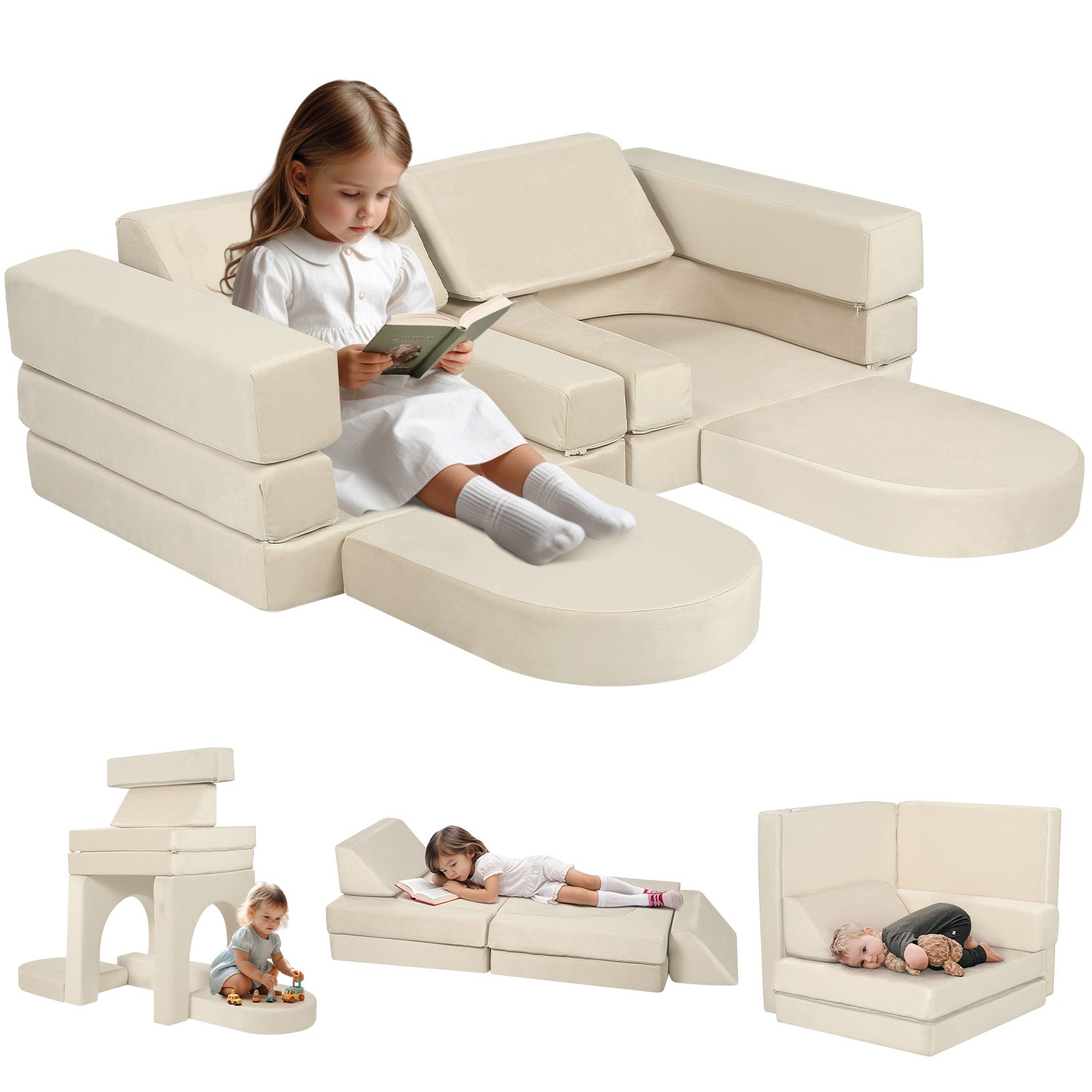 Girl reading on solid beige fabric kids play couch