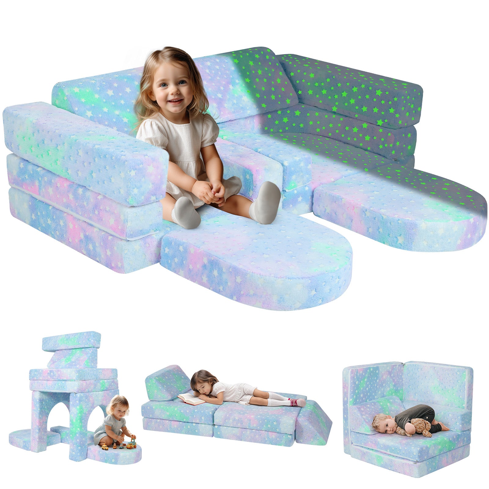 Girl sitting on glowing colorful star fabric kids play couch