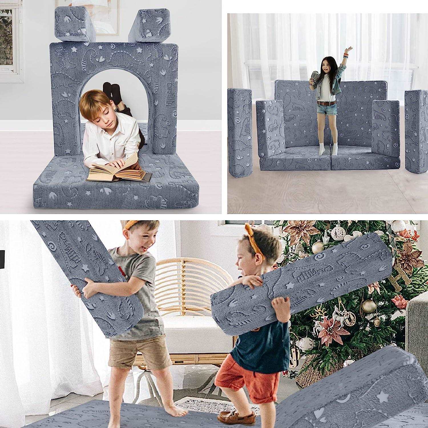 Kids play in different scenes built by glowing dinosaur kids paly couch
