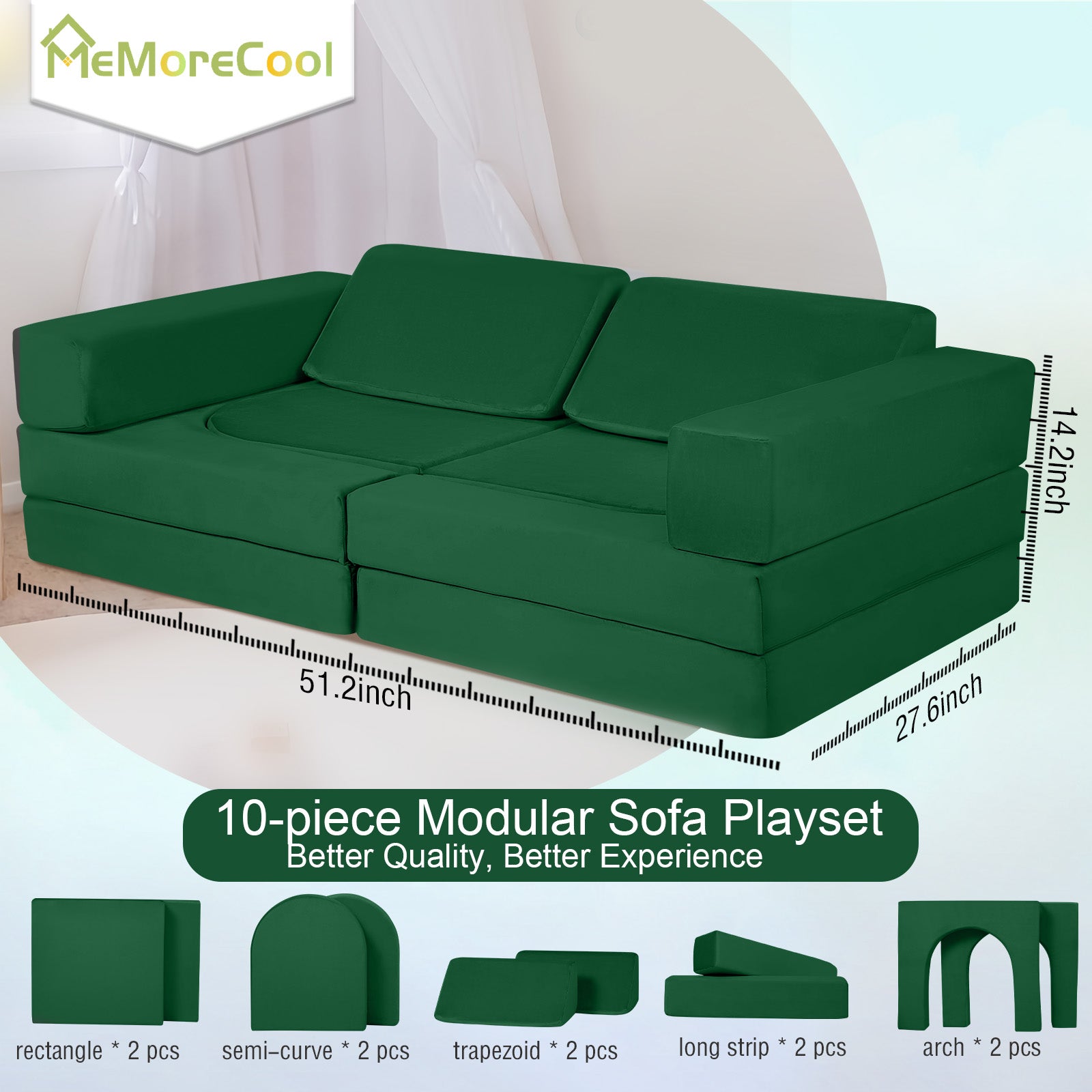 Solid green kids play couch measures 27.6 “D x 51.2 ‘W x 14.2 ’H and includes 2 foldable seats, 2 back cushions,2 armrest parts, and 4 cushions.