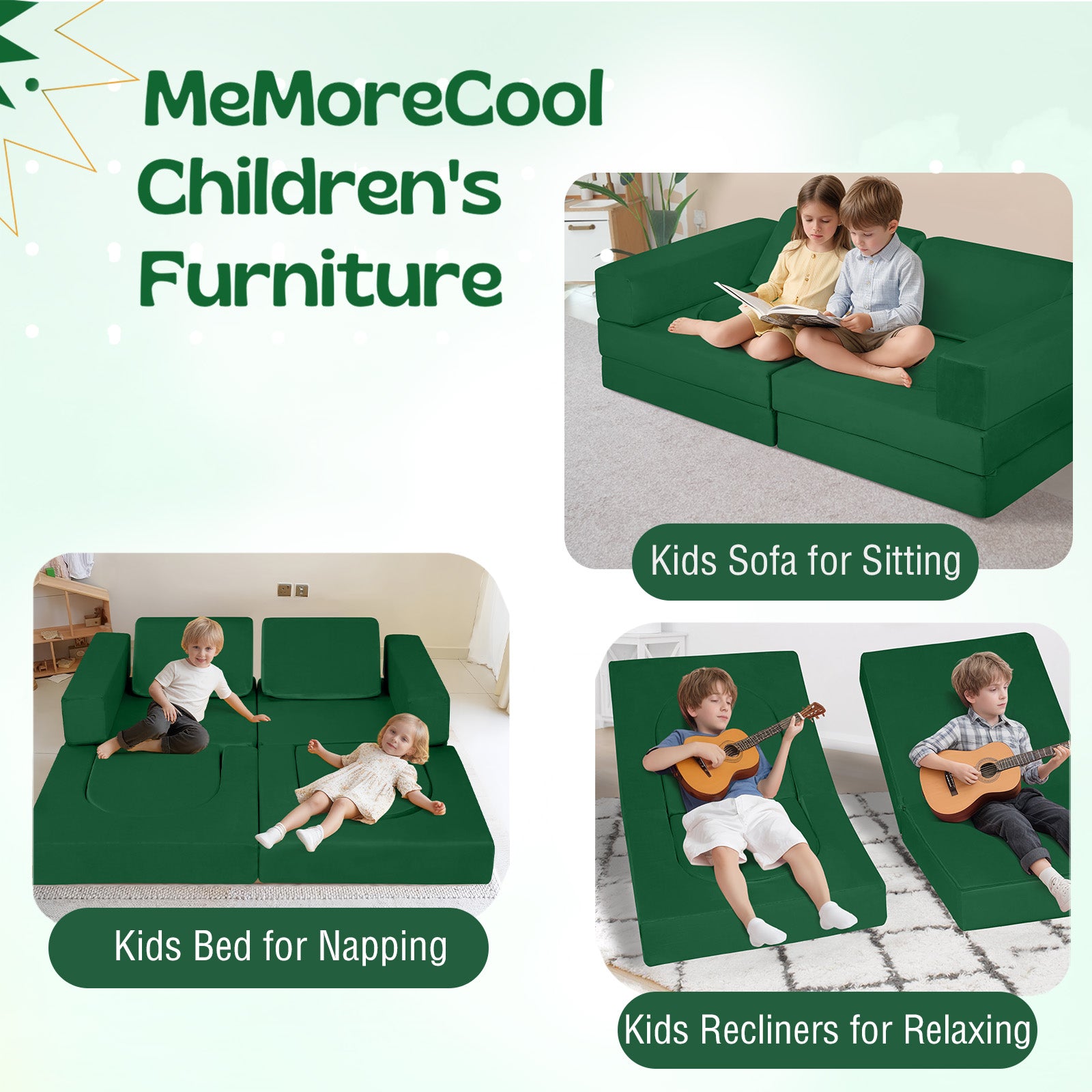 Kids play in different scenes built by solid green kids paly couch