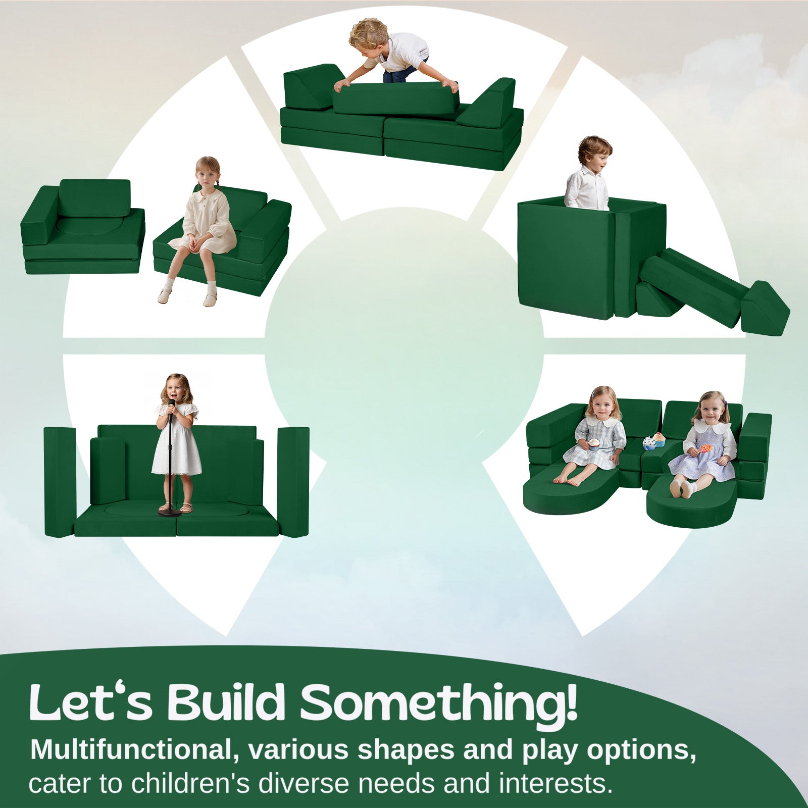 Use Soild green kids paly couch to build floor lonnger bed,castle,show stage,corner sofa,tank,play house