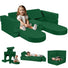 Girl sitting on kids play couch with solid green fabric 10 piece set