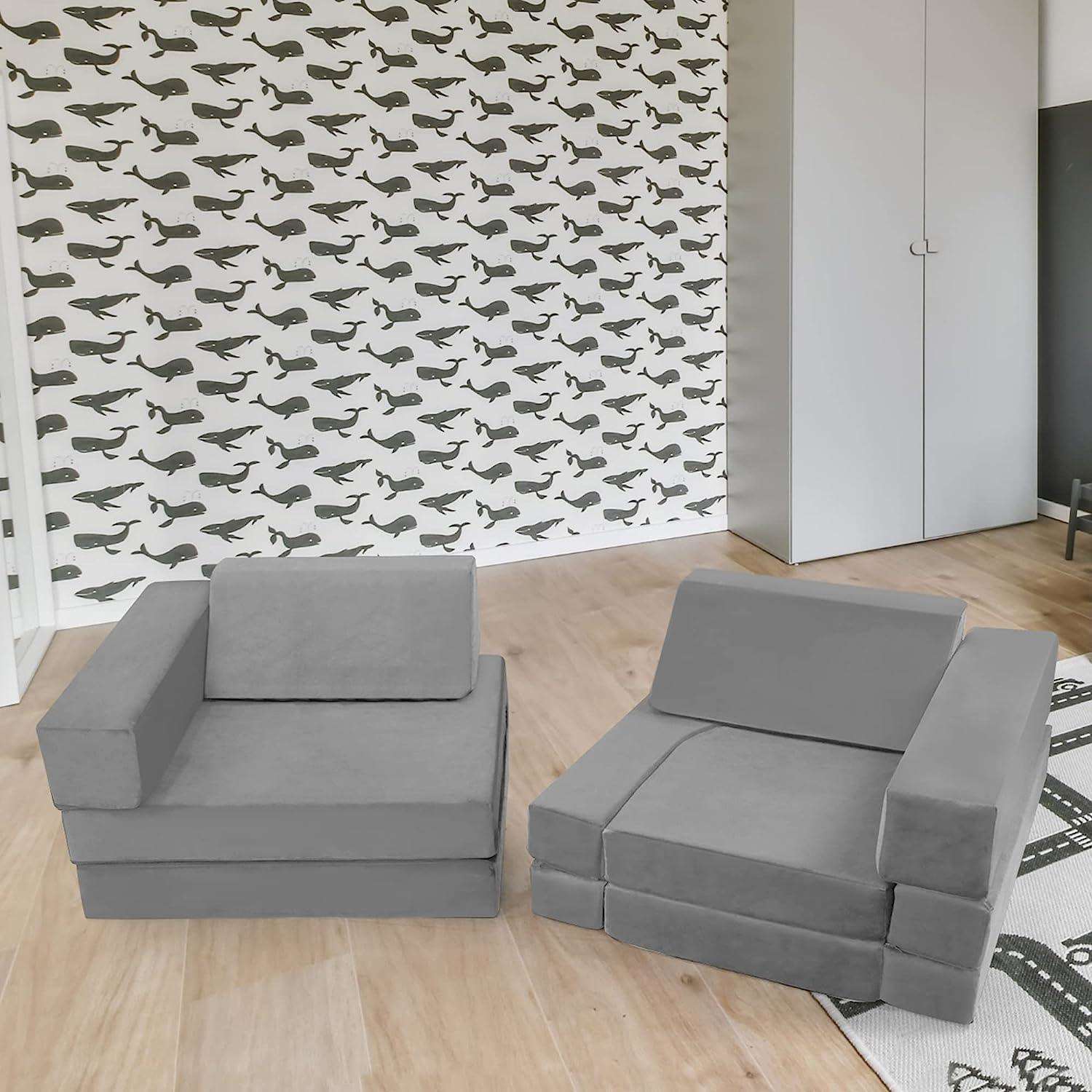 Two Solid Grey kids play couch turned into a corner sofa.