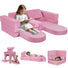 Girl reading on solid pink fabric kids play couch