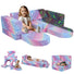 Girl sitting on glowing rainbow fabric kids play couch