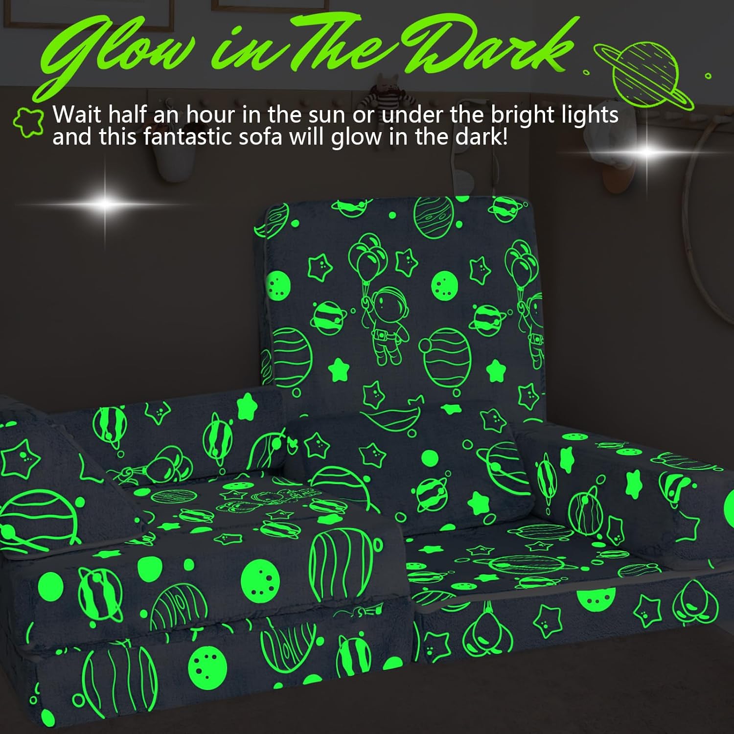 Glowing space kids play couch glow in the dark effect