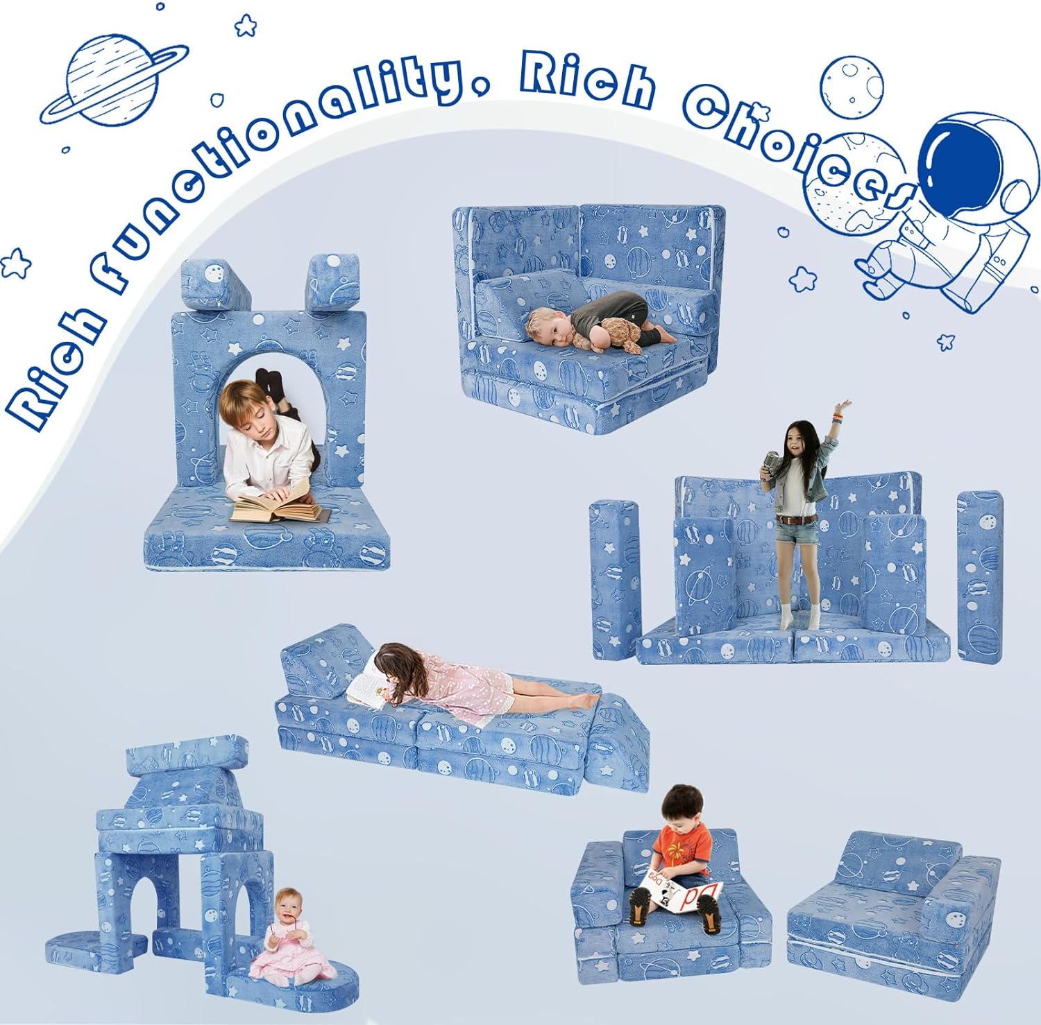 Kids play in different scenes built by glowing space star kids paly couch