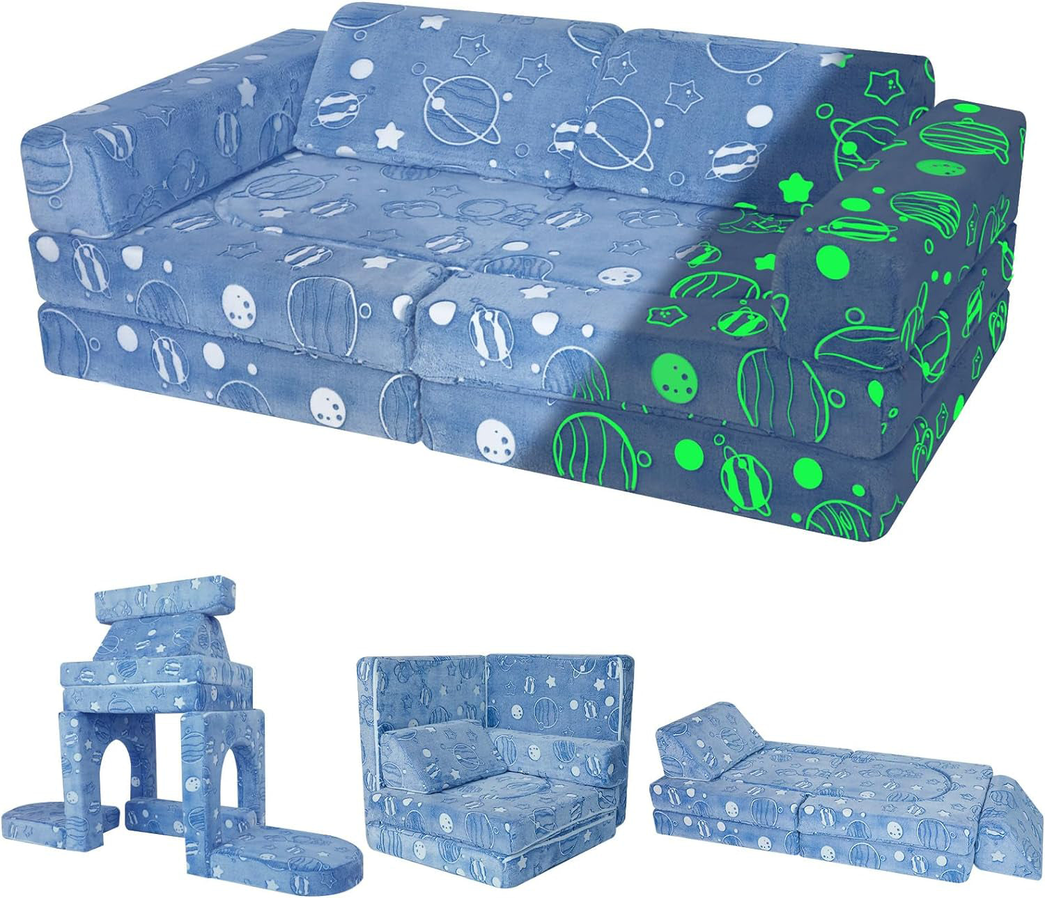 Kids play couch with glowing space fabric 10 piece set