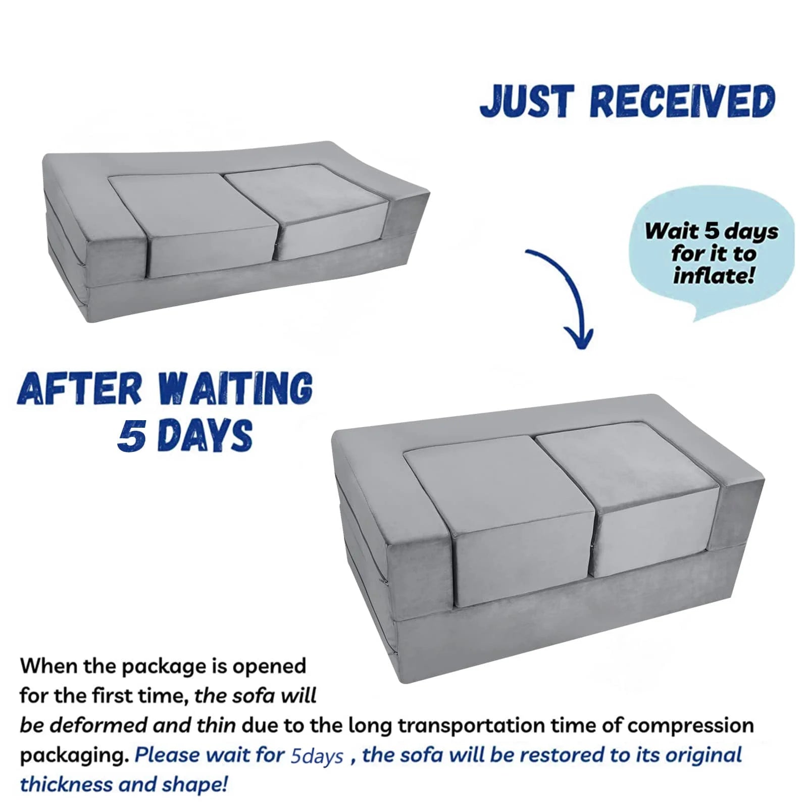 Convertible Kids Modular Couch-Grey does not require installation and will return to its optimal condition when received and left for five days.