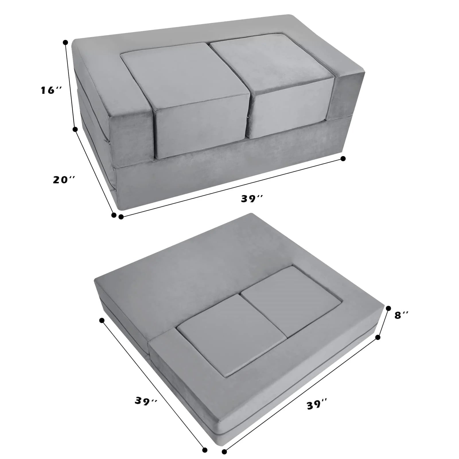 The Convertible Kids Modular Couch-Grey measures 20 x 39 x 16 Inches.