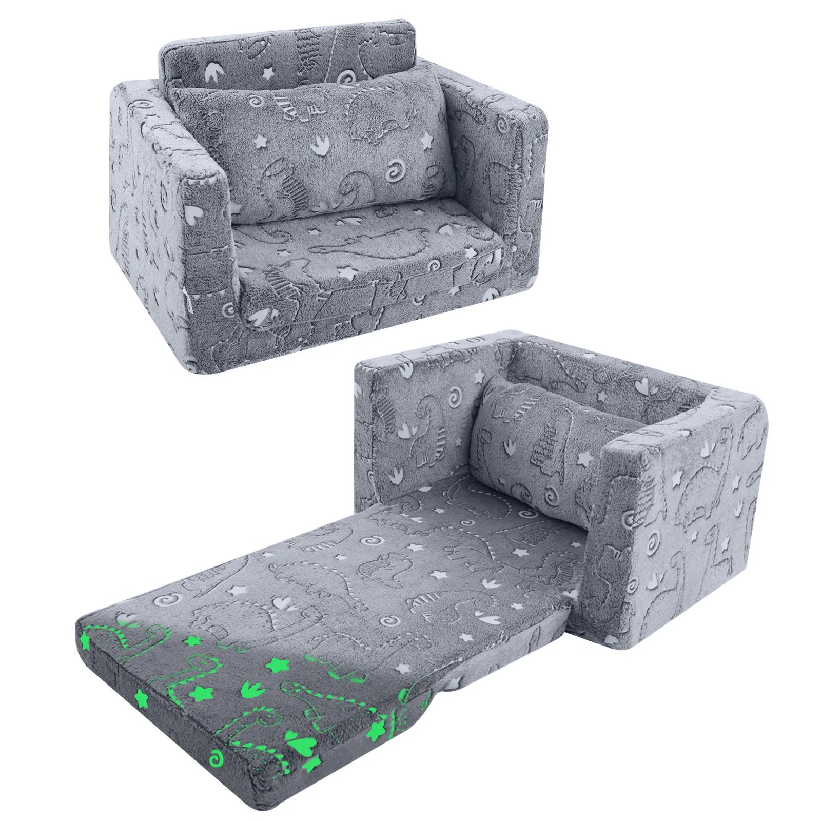 Glowsofa's Glowing Dinosaurs Children's Fold Out Sofa Folded and Unfolded Status