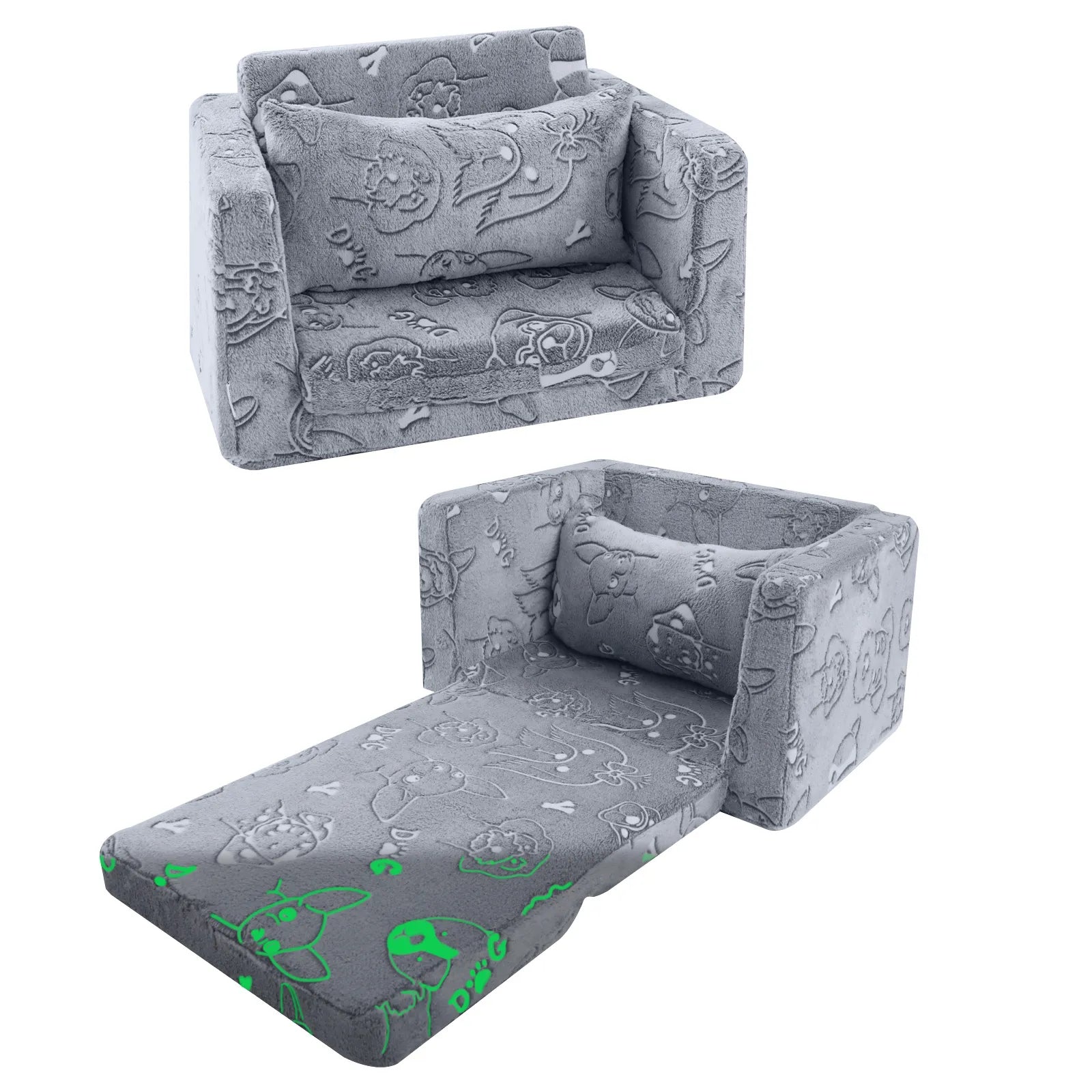 Glowsofa's Glowing Dog Children's Fold Out Sofa Folded and Unfolded Status