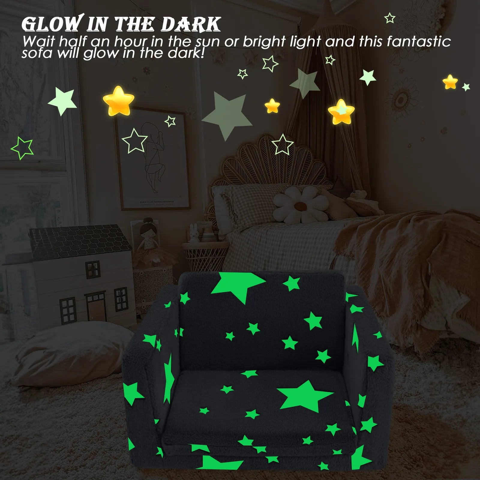 Glowsofa's Glowing Star Children's Fold Out Sofa glow in the dark effect