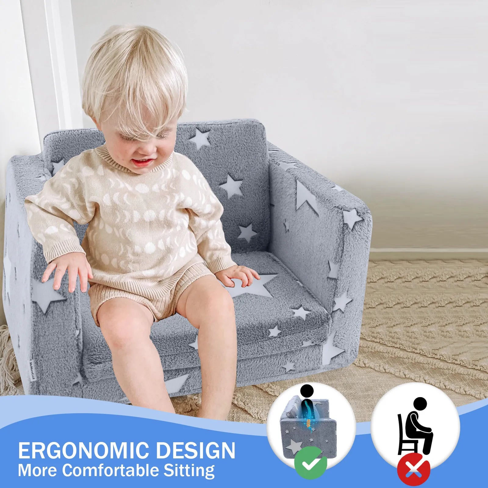 Child sits comfortably on Glowsofa's Glowing Star Children's Fold Out Sofa