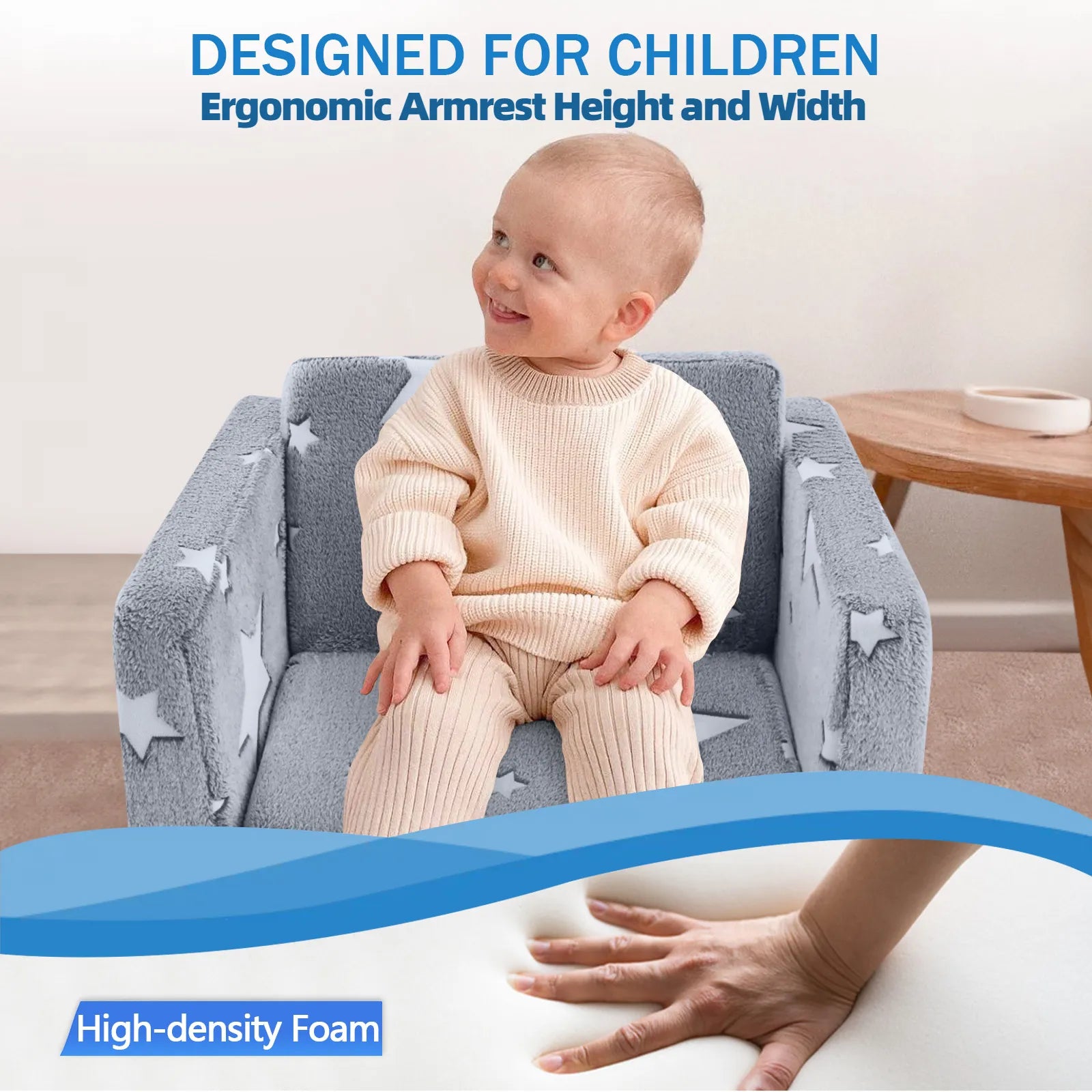 Child sits on Glowsofa's Glowing Star Children's Fold Out Sofa with high-density foam.