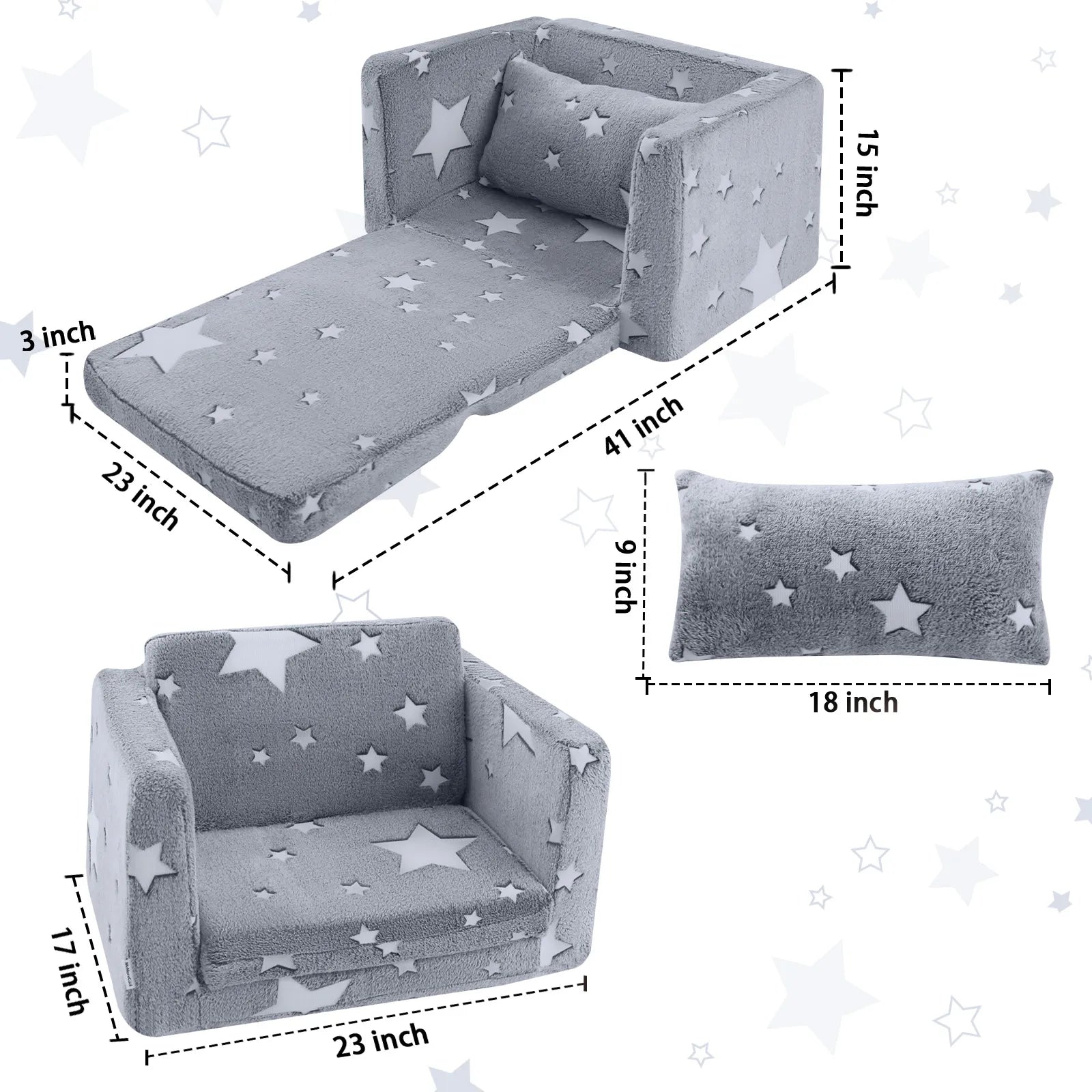 The Seat Height of Glowsofa's Glowing Star Children's Fold Out Sofa is 12.5 Inches and the Product Dimensions are 17 “D x 23 ‘W x 15 ’H.