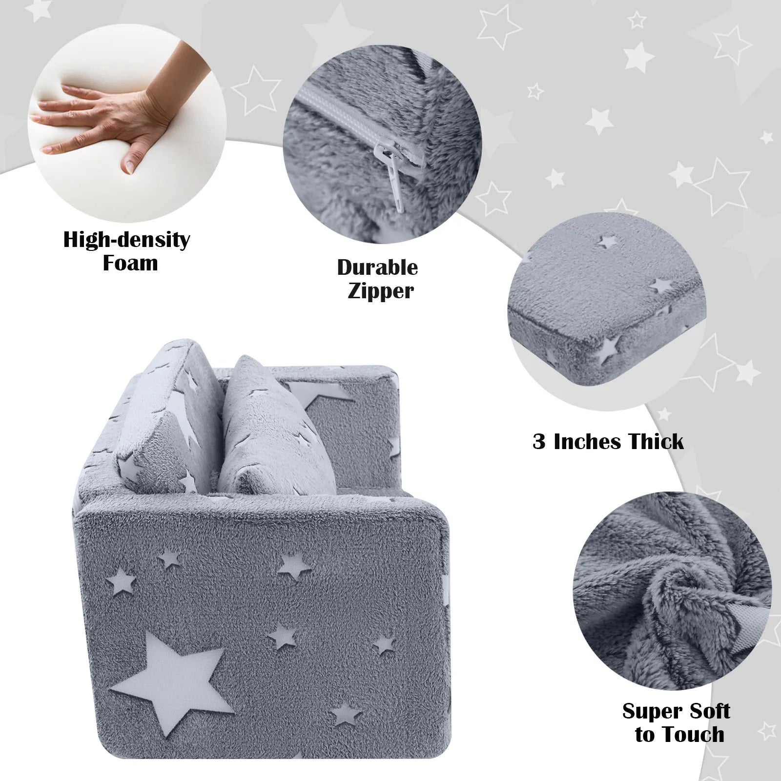 Glowsofa's Glowing Star Children's Fold Out Sofa features high-density foam, durable zipper, 3 inches thick,super soft to touch