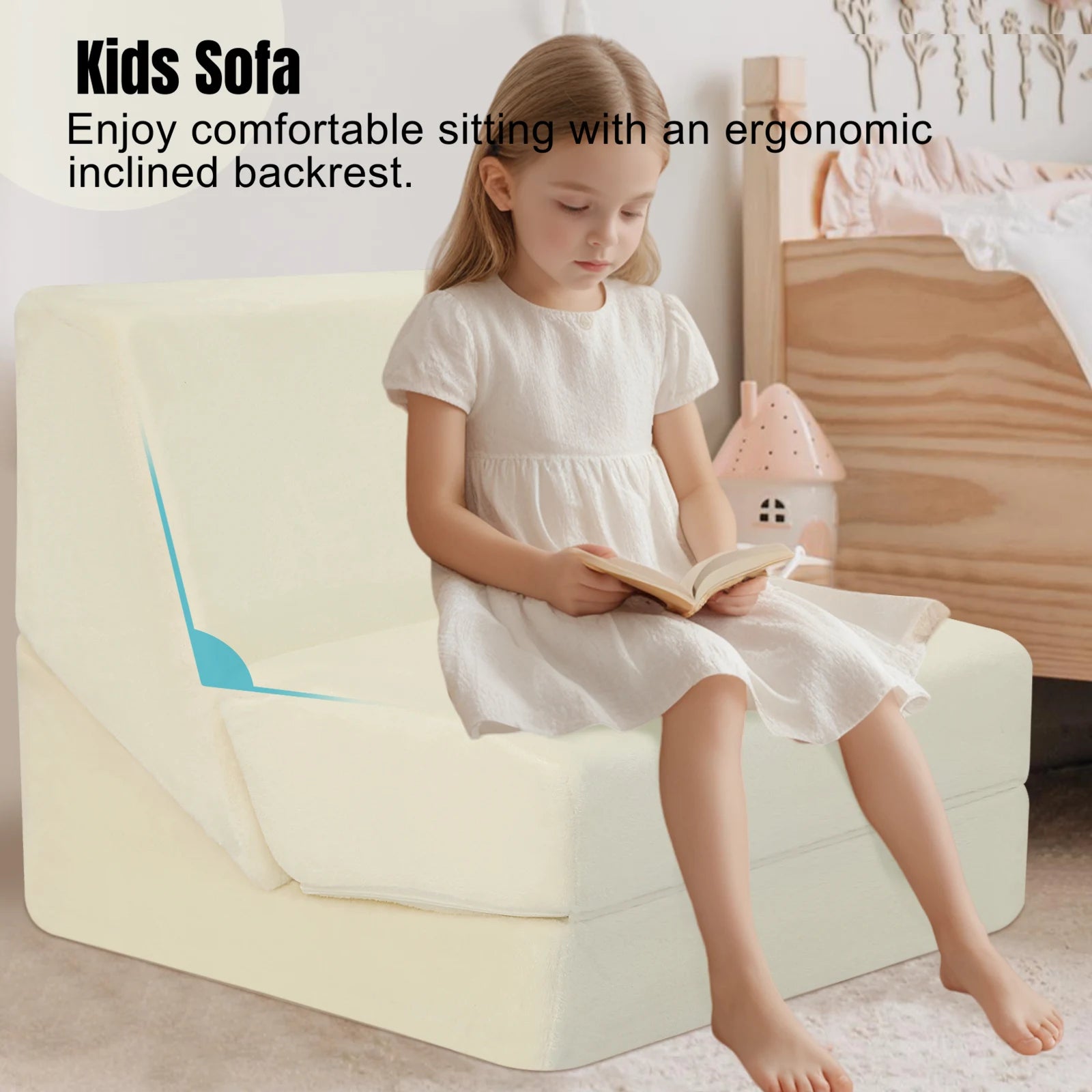 Girl sitting on ergonomically designed Glowsofa's Beige Children's Fold Out Sofa