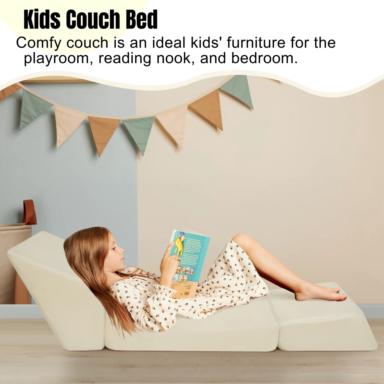 Glowsofa's Beige Children's Fold Out Sofa can be used in a variety of situations: play room, reading a book, and bedroom.