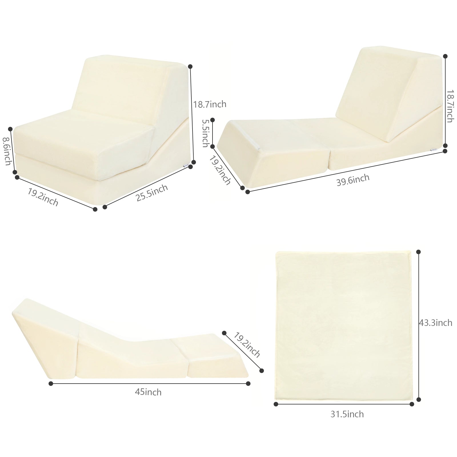 Glowsofa's Beige Children's Fold Out Sofa Measures 24 “D x 19.3 ‘W x 18.7 ’H
