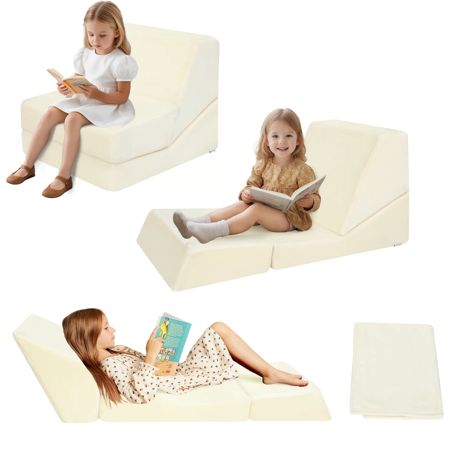 Glowsofa's Beige Children's Fold Out Sofa converts to a floor lounger!