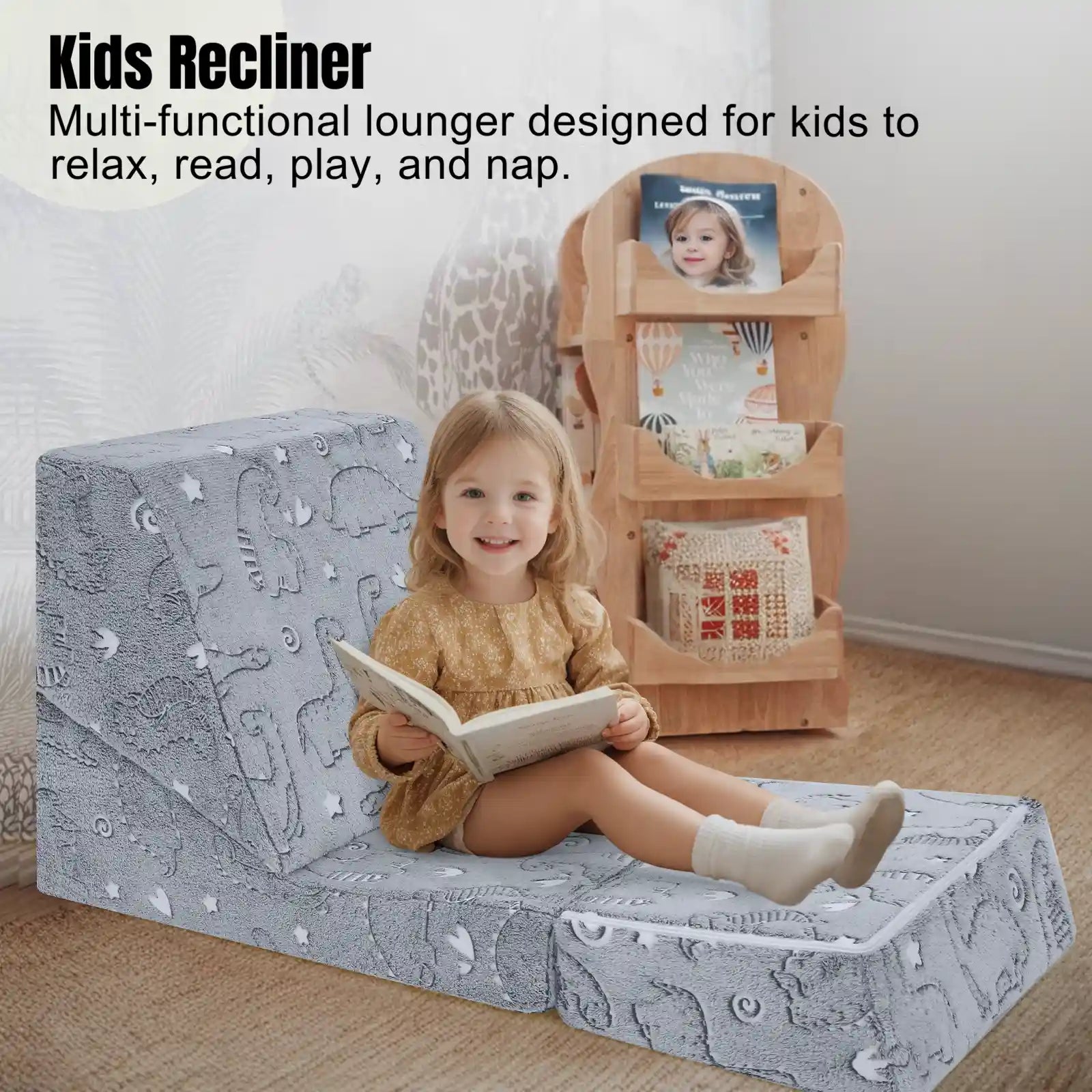 Glowsofa's Glowing Dinosaur floor lounger for kids to ralax,ready,play,and nap
