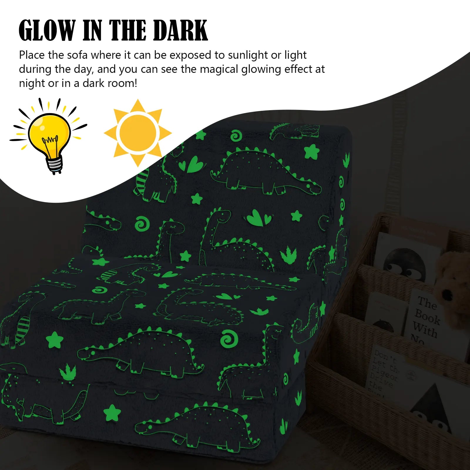 Glowsofa's Glowing Dinosaur Children's Fold Out Sofa in Glow in the Dark
