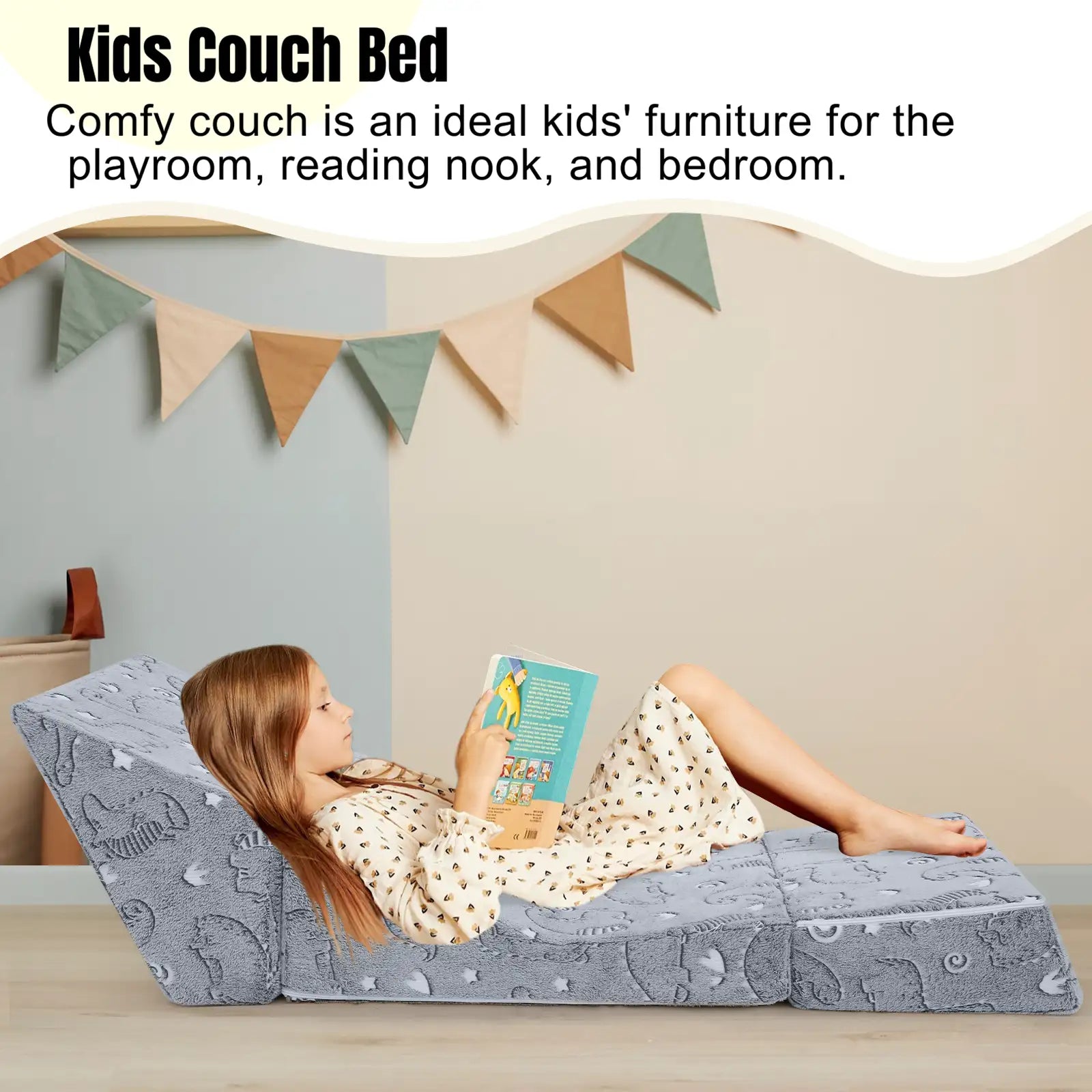 Glowsofa's Glowing Dinosaur Children's Fold Out Sofa can be used in a variety of situations: play room, reading a book, and bedroom.