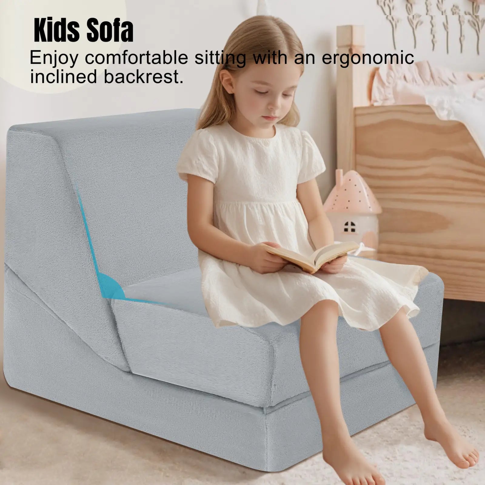 Girl sitting on ergonomically designed Glowsofa's Grey Children's Fold Out Sofa