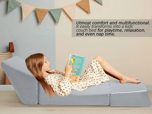 Glowsofa's Grey Children's Fold Out Sofa can be used in a variety of situations: play room, reading a book, and bedroom.