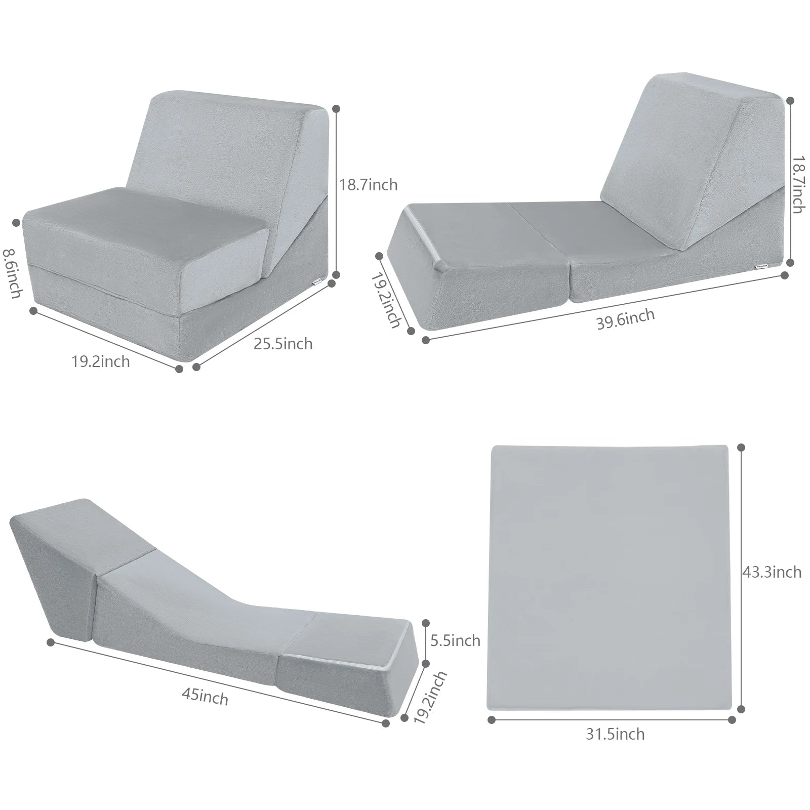 Glowsofa's Grey Children's Fold Out Sofa Measures 24 “D x 19.3 ‘W x 18.7 ’H
