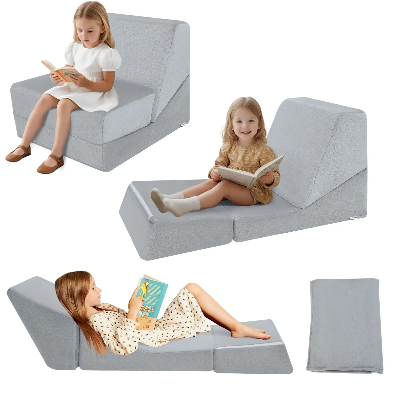 Glowsofa's Grey Children's Fold Out Sofa converts to a floor lounger!