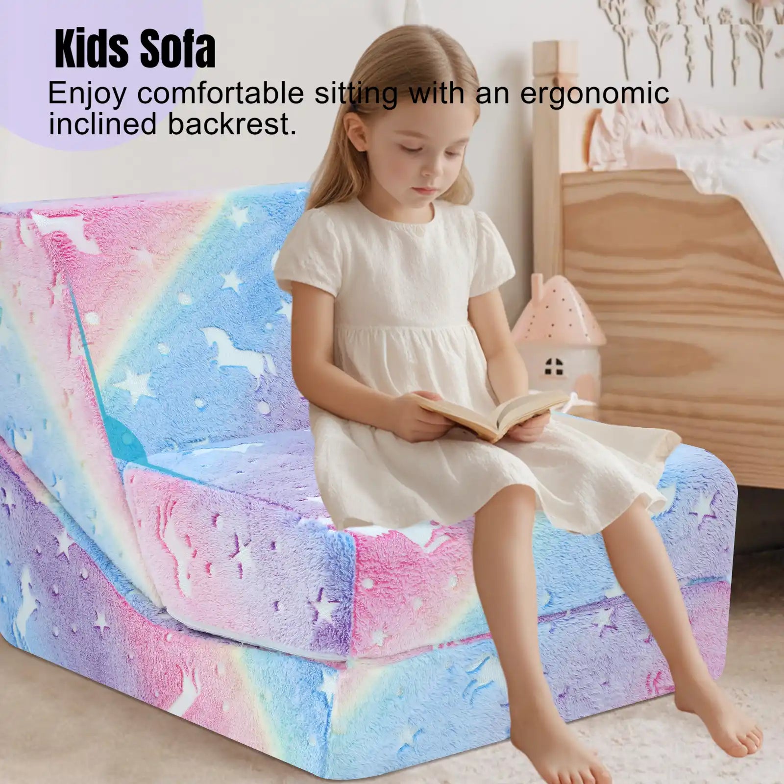 Girl sitting on ergonomically designed Glowsofa's Glowing Rainbow Children's Fold Out Sofa